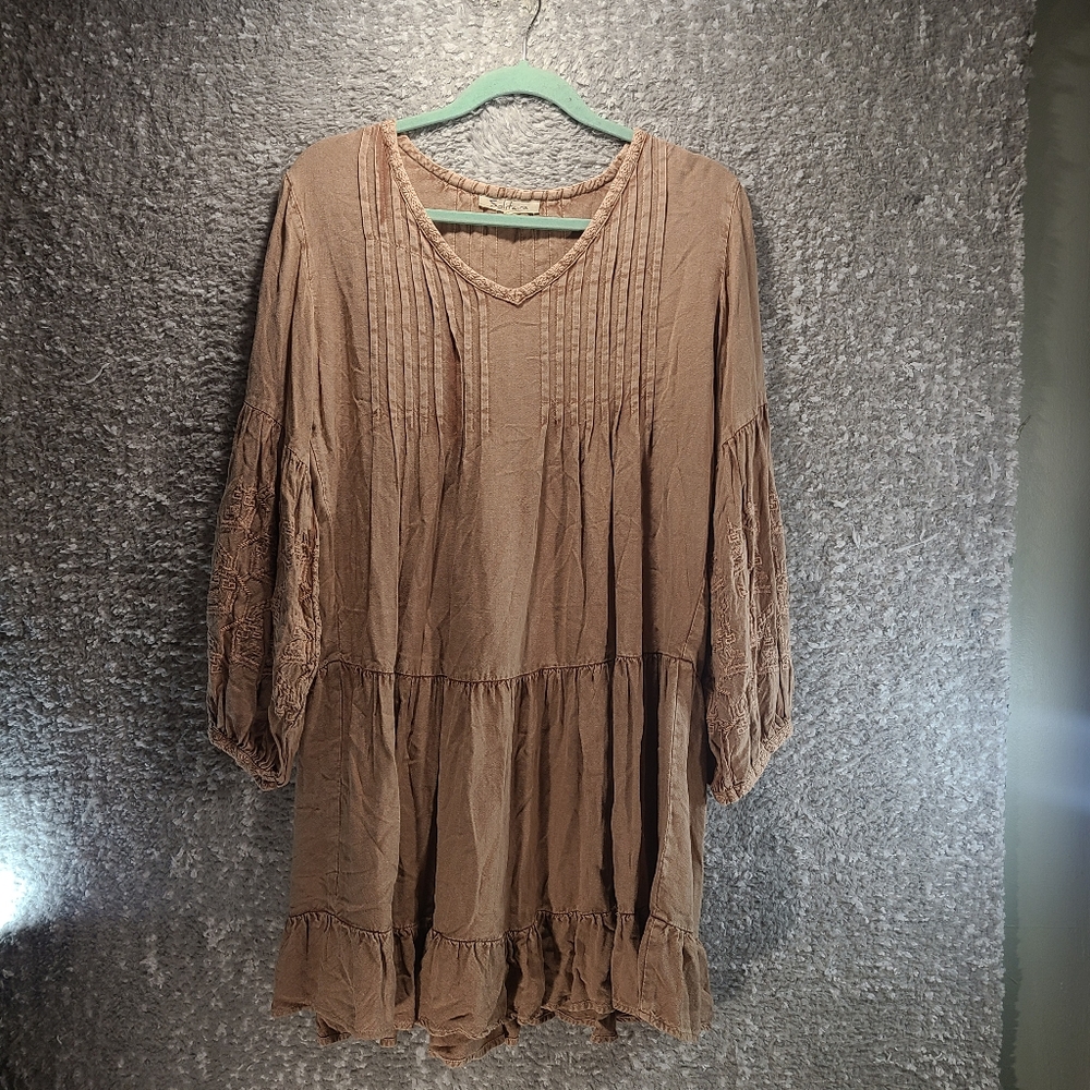 Solitaire Floral Embroidered Boho Dress Long Sleeve‎ Burnt Brown Small Rayon